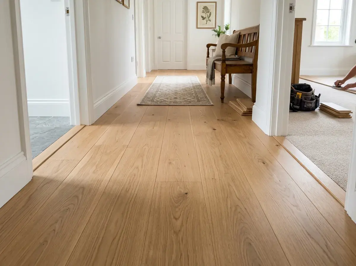 Newly installed hallway hardwood floor with detailed trim