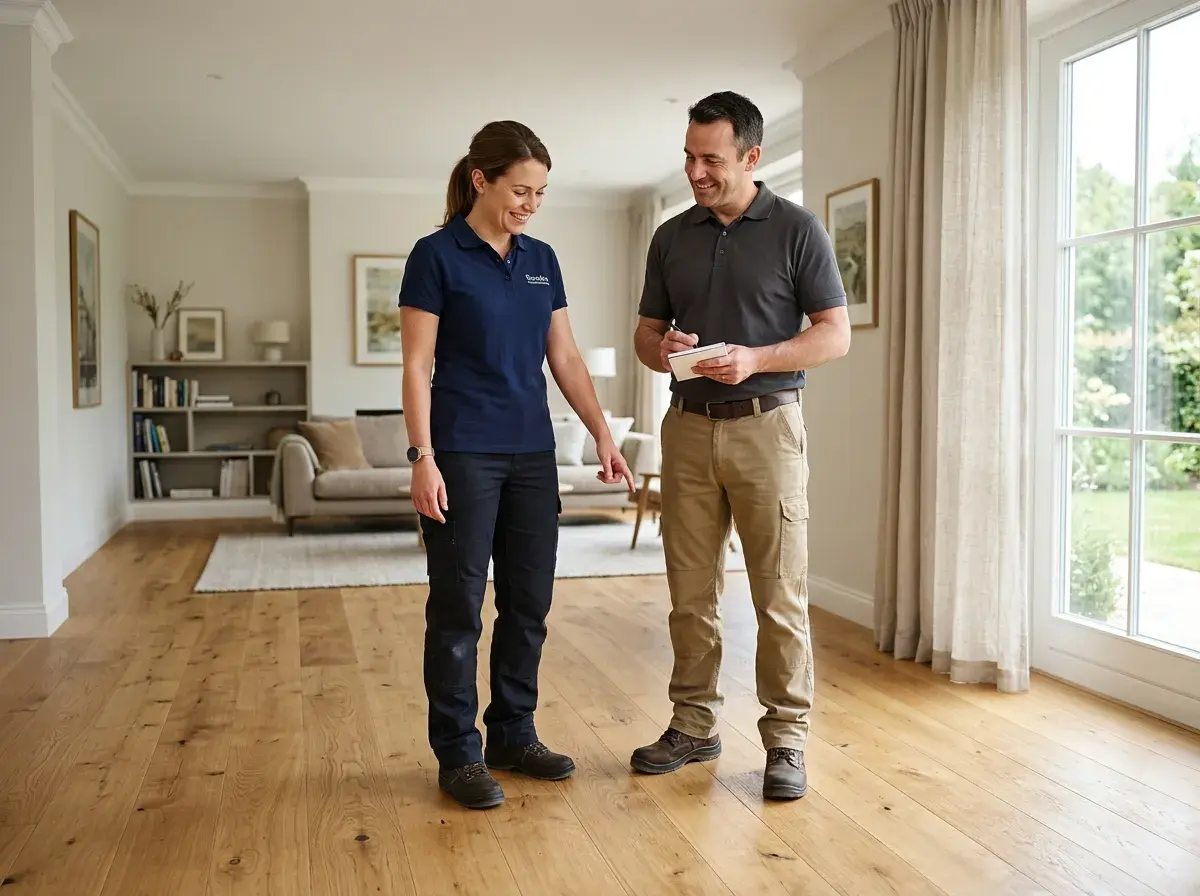 Select Floor Service owners on a finished hardwood floor